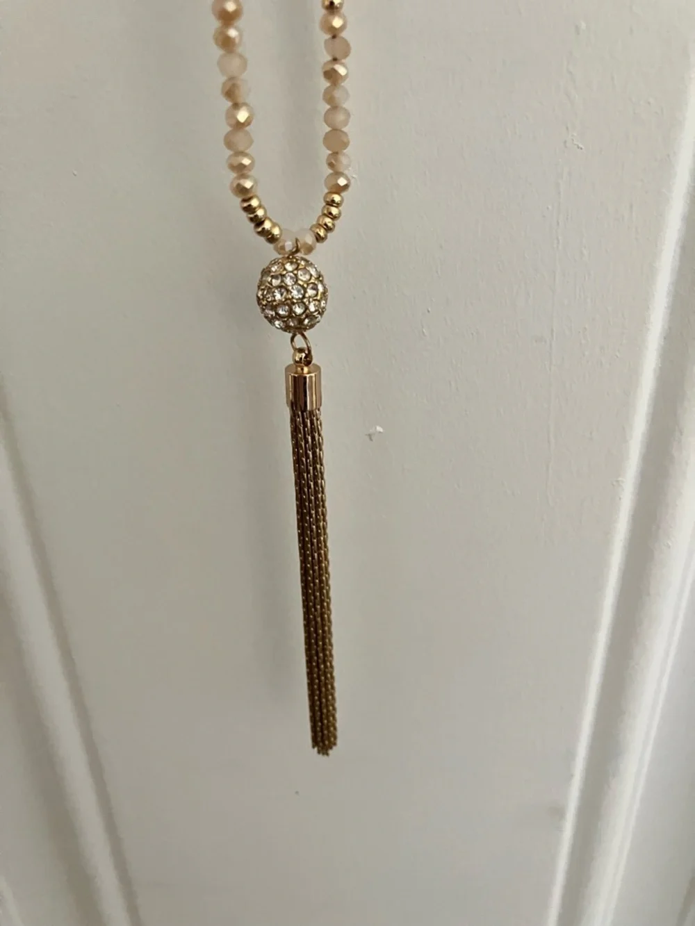 Loft Gold Tassel Beaded Long Necklace w/ Cream, Grey, Gold and Burgundy Beads